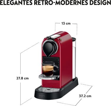 Кавова машина Krups Nespresso CitiZ XN7415, капсульна, 1260 Вт, 19 бар, резервуар 1 л, червона