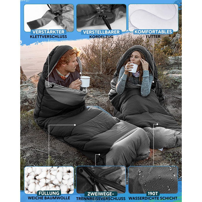 Спальний мішок 3-4 сезони, водонепроникний, ультралегкий, 220*75см (чорний) - для кемпінгу, подорожей, походів