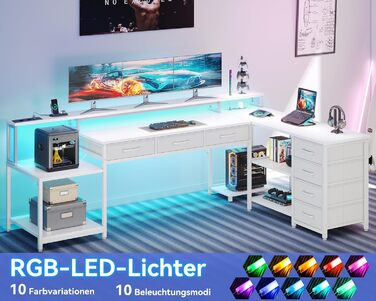 Комп'ютерний стіл Coleshome з 7 висувними ящиками та великим об'ємом зберігання, кутовий стіл з RGB LED підсвічуванням, L-подібний стіл з 2 розетками, ідеальний для офісу та геймінгу (білий, 199.5×145.5 см)