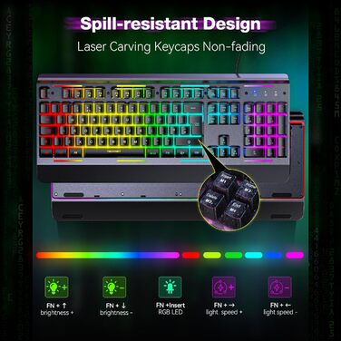Клавіатура ігрова TECKNET RGB для ПК, 105 клавіш, повнорозмірна, з підсвічуванням, підставка для зап'ястя, QWERTY (ES)