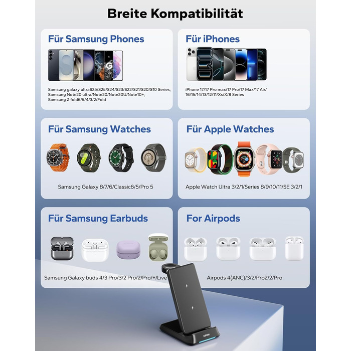 Бездротова зарядна станція 3-в-1 KPON для Samsung Galaxy Watch та смартфонів (S26/S25/S24/S23/S22/Z Flip/Fold, Buds) - Чорна, складна, індуктивне заряджання