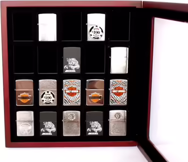 Display cases for 20 lighters, made of wood and glass, beautiful presentation