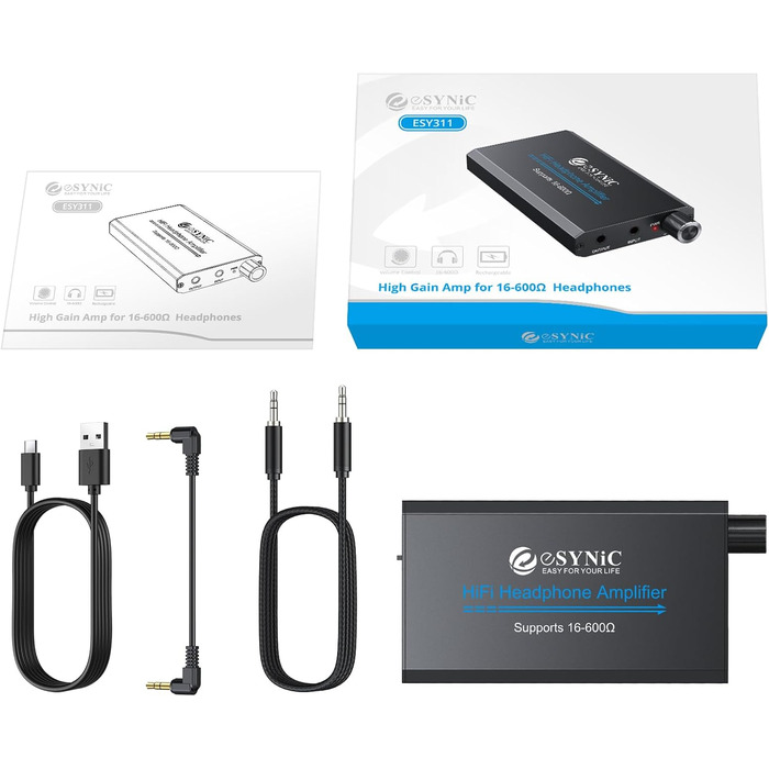 eSynic Підсилювач для навушників HiFi – портативний, з акумулятором 1000mAh, для MP3/MP4/Smartphone/PC, 16-600 Ом, 3.5mm AUX, алюмінієвий корпус