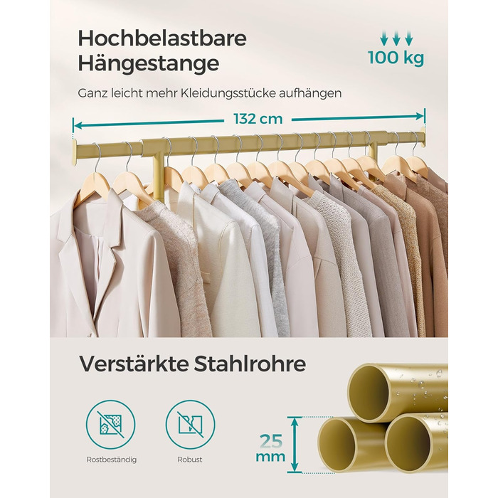 SONGMICS Clothes Rack on Wheels, Heavy-Duty Garment Rack, Extendable Clothes Rod, Load Capacity up to 100 kg, Easy Assembly, Portable, HSR13S (Pale Gold, (92-132) cm Width)