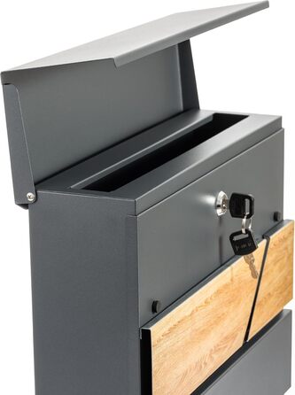 Поштова скринька Verda з газетницею, 37x37x11 см, антрацит RAL 7016, срібло, 2 ключі, комплект для монтажу. Дизайнерська настінна поштова скринька з відділенням для преси