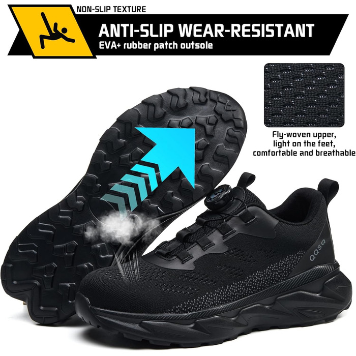 Черевики робочі чоловічі/жіночі, спортивні, дихаючі, анти-удари, зі сталевим підноском, шнурівка, швидка застібка, поворотний замок, 46 EU, чорні
