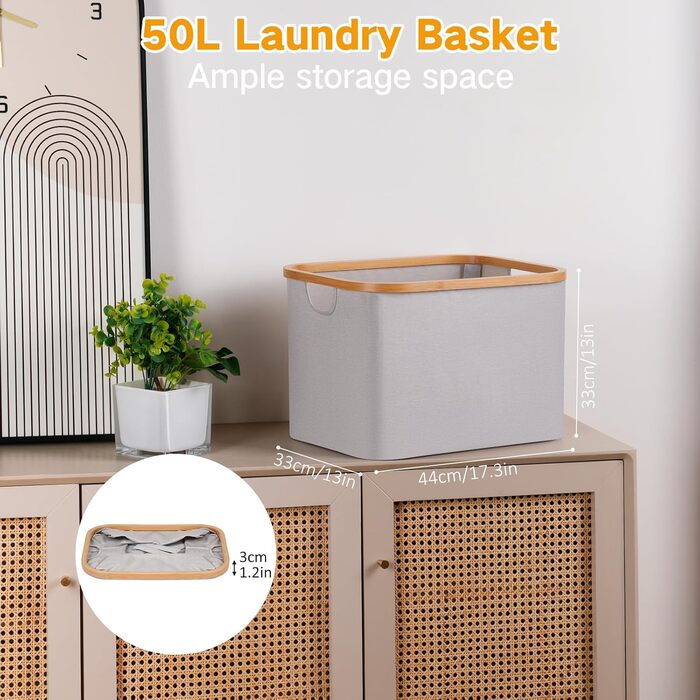 Efluky Foldable Laundry Basket 50L, Bamboo Fabric Foldable Storage Basket, Collapsible Storage Basket, Laundry Baskets for Bedroom Bathroom (Light Grey)