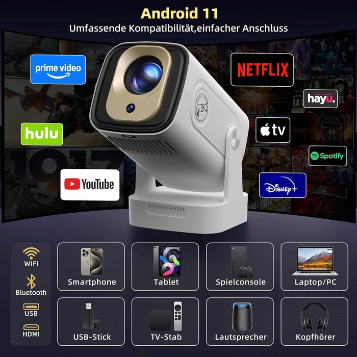 Beautiebeam Beamer: Міні проєктор Full HD 1080P/4K з автотрапецеїдною корекцією, Android 11, Bluetooth 5.0, WiFi 2.4/5G, 180° обертання для дому та на вулицю