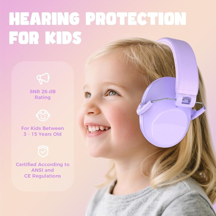 Навушники для дітей ProCase з шумозаглушенням, регульоване наголов'я, пасивні навушники, NRR 22 dB, для малюків, дітей, ліла