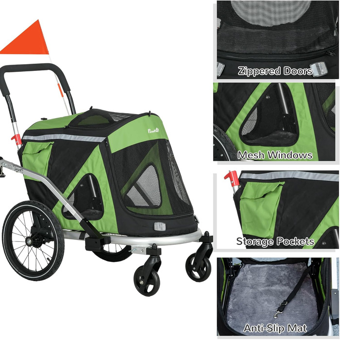PawHut 2-в-1 Причіп для собак, візок для собак/бігунів з поводком, візок для собак з відбивачами та амортизаторами, для середніх собак до 20 кг, Oxford-тканина, зелений