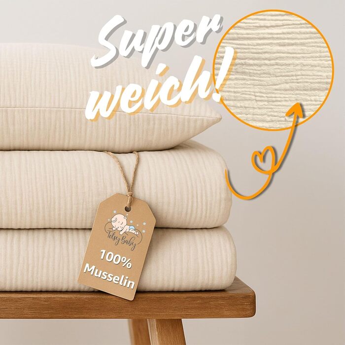 Бетлічна постільна білизна для дитячого ліжечка з мусліну, 100x135 см - комплект з подушкою 40x60 см та ковдрою 100 x 135 см, бавовна, сертифікат Oeko-Tex, сірий колір