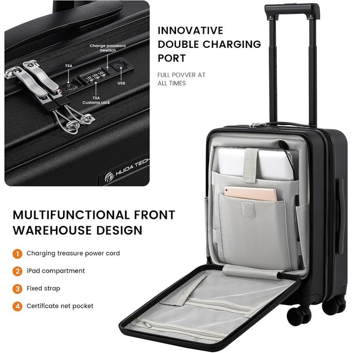 Чемодан ручної об'єм 20 дюймів з відділенням для ноутбука, легкий валіз з жорсткою оболонкою та TSA-замком, ручна поклажа на спінінгових колесах, USB-зарядний пристрій та тримач для напоїв, чорний