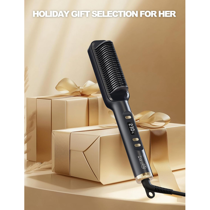 Випрямляч для волосся щіткою 2 в 1 | Керамічний випрямляч з PTC, антиопіковий дизайн, 30 температурних режимів (80℃~230℃), LED-дисплей, для жінок, чорний A.schwarz