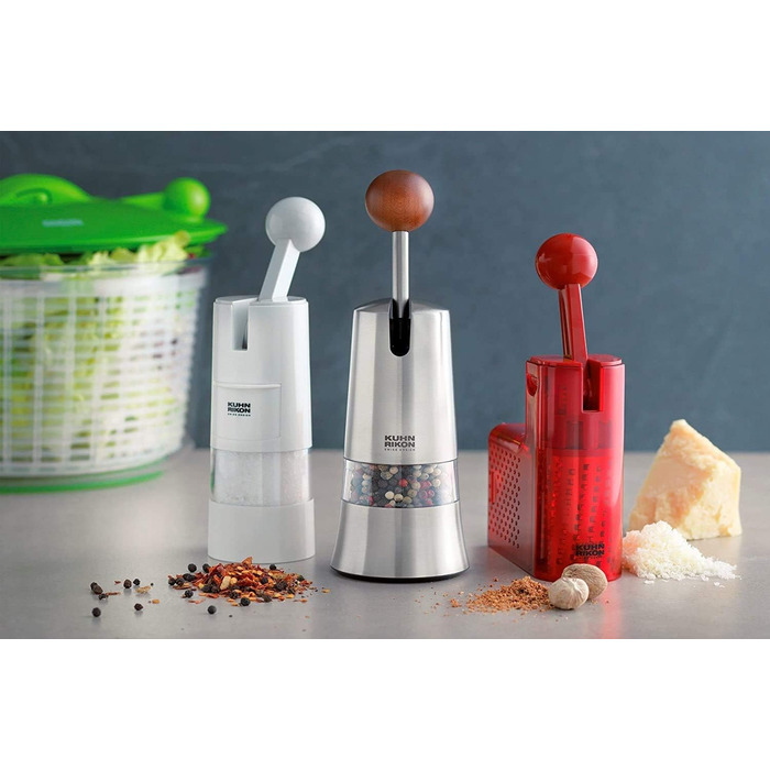 KUHN RIKON Salt and Pepper Mill made of Stainless Steel, Ratchet Spice Mill Manual, Silver, Adjustable Ceramic Grinder, Ergonomic Handle