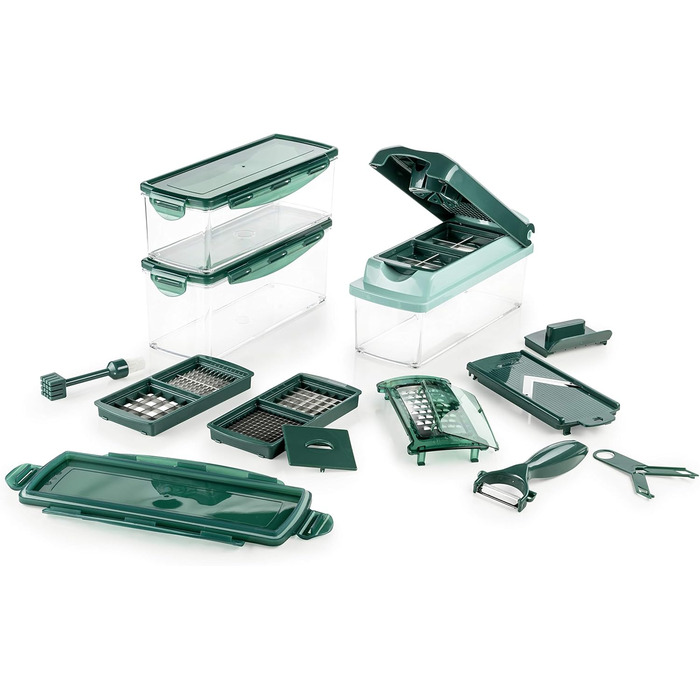 Genius Nicer Dicer Plus (18 частин) - набір для нарізки овочів та фруктів, кухонний інструмент, набір для нарізки кубиками, соломкою, слайсами (смарагдовий)