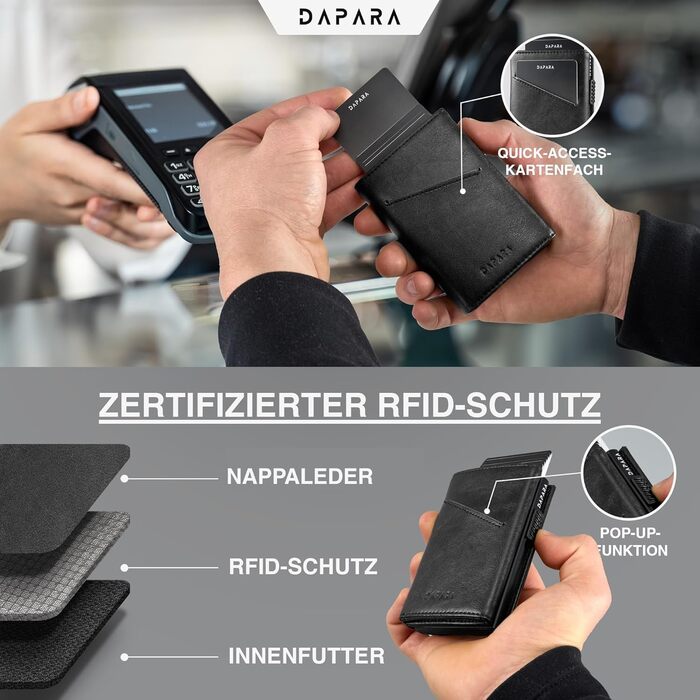 Чоловічий шкіряний гаманець DAPARA з відділенням для монет та RFID-захистом | Slim Wallet для чоловіків | Портмоне на 12 карт | Чорний міні-гаманець з відділенням для монет