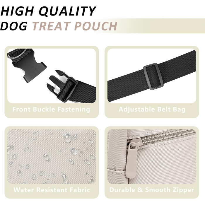 Сумка для собак з карабіном, сумка для тренування цуценят з відділенням для ласощів та тримачем для пакетів для вигулу, зручна сумка для перенесення ласощів для тварин з регульованим поясним ременем (Бежева)