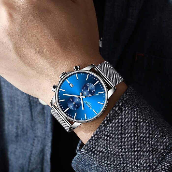 Чоловічий годинник, кварцовий, спортивний, з хронографом, чорний міський ремінець, нержавіюча сталь, водонепроникний, автоматична дата, синій акцент