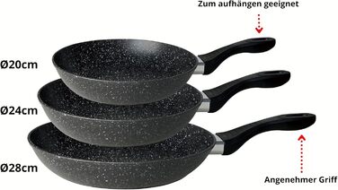 Набір сковорідок, чорний колір, з ефектом граніту - 3 шт. (28 см + 24 см + 20 см), антипригарне покриття, для індукційних, газових та склокерамічних плит