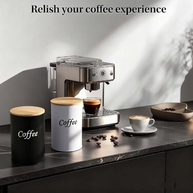 Набір з 2 кавових контейнерів (чорний та білий), 1000 мл, бамбукові кришки, для кавових зерен, меленої кави та капсул – подарунок для пар та поціновувачів кави