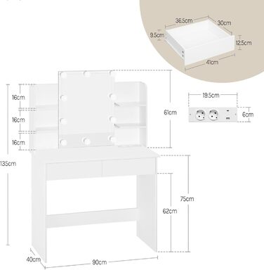 Туалетний столик WOLTU з LED-підсвіткою, дзеркалом, 2 USB-портами, 2 шухлядами та 4 відкритими полицями, білий, для макіяжу і спальні