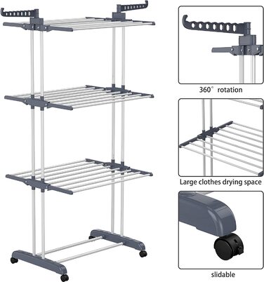 HOMIDEC Clothes Drying Rack Clothes Dryer Tower with Wheels, Space-Saving - with 6 Folding Wings and 2 Swivel Side Wings, Stainless Steel Standing Dryer Clothes Tower for Indoor and Outdoor Use, Grey Grey XL