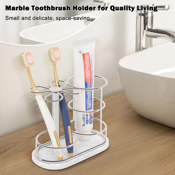 HarJue Bathroom Toothbrush Holder, Metal Toothbrush Organizer with Marble Base, Toothbrush Storage Collection for Family, Suitable for Home, Hotel, Countertop, Vanity (Chrome Finish, Medium)