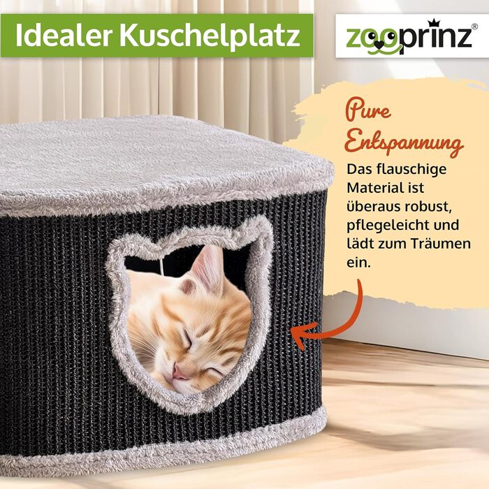 Преміум котячий будиночок Zooprinz – котячий кошик для кота – з товстими сизалевими стінами – печерка з м'яким плюшем та іграшковою кулькою – котячий бокс у скандинавському стилі (чорний)