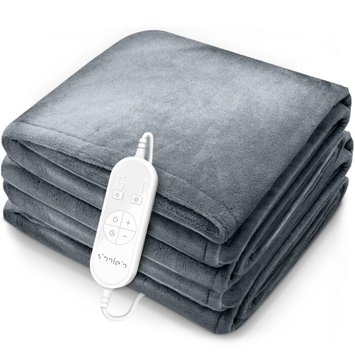 Електрична гріюча ковдра Sinnlein® з плюшу 200 x 180 см | 9 температурних режимів, таймер, автовимкнення, миється до 40°C, світло-сіра | Ковдра для сну та відпочинку