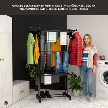 Сушарка для білизни VertiSlim складана, вежа з 4 рівнями, нержавіюча сталь, на колесах, чорна - для дому та вулиці