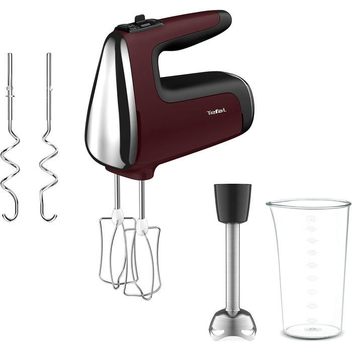 Міксер ручний Tefal Powermix Silence HT6525, 600 Вт, 5 швидкостей + турбо, червоний, 2 вінчики та 2 гачки з нержавійки, насадка-блендер, комплект