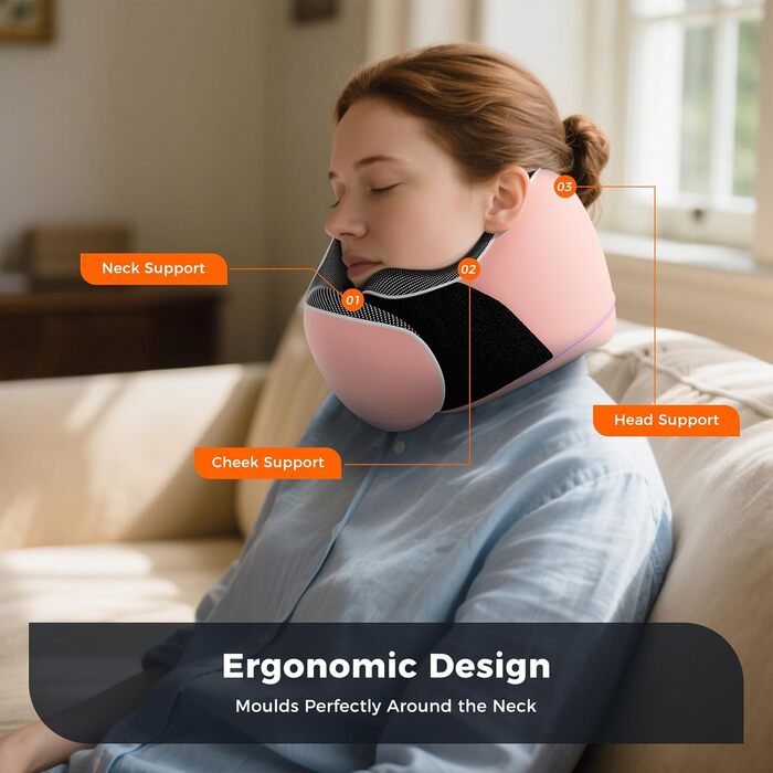 Подушка для шиї у подорожах: м'яка, з піною з пам'яті, з навушниками та маскою для очей (рожева)