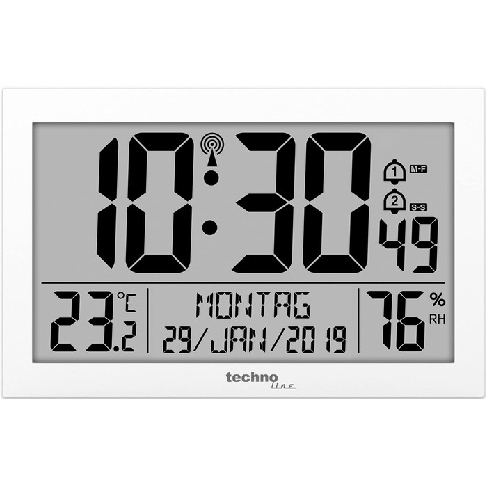 Technoline WS 8016 Modern Digital Radio Wall Clock with Temperature Display, Plastic, White, 225 x 143 x 24 mm WS8016WEISS