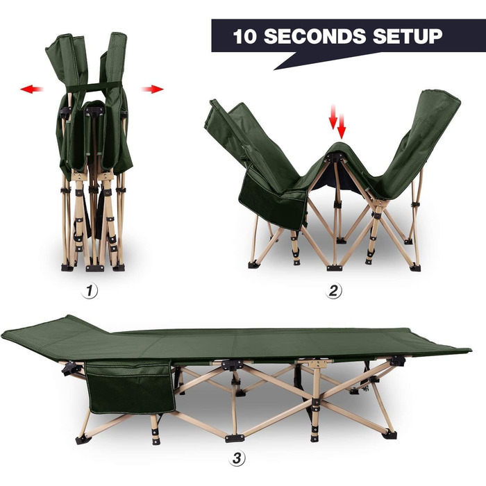 Ліжко похідне REDCAMP складане XXL, 71 см, вантажопідйомність 226 кг, сіре/зелене/чорне - для кемпінгу, туризму, пляжу, саду