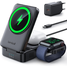 Зарядний станція Lamicall 3-в-1 для MagSafe: iPhone, Apple Watch, AirPods. Складана, портативна, бездротова. Сумісна з iPhone 17/16/15/14 Pro Max Plus Air.