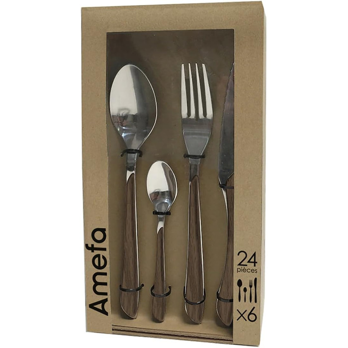 Amefa ECLAT Cutlery Set NATURE dark wood cutlery set 24-piece for 6 people stainless steel rustproof plastic handle bowls in wood look dishwasher safe cutlery set for 6 people