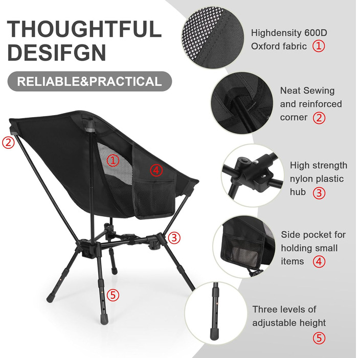 Складний туристичний стілець TOPCHANCES для кемпінгу та відпочинку на природі. Міцний, легкий, з кишенею, чорний