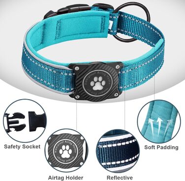 Світловідбиваючий нашийник для собак AirTag, водонепроникний, для середніх та великих собак, розмір M (35.5-44 см), блакитний