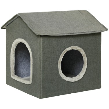PawHut Cat Cave House Shape with Washable Cushion, Cozy Cat Snuggle Cave with Two Doors, 39 x 43.5 x 40.5 cm, Grey