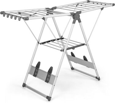 Стійка для сушіння білизни COSTWAY розкладна, сушилка для одягу висувна, з регульованою висотою та крилами, з полицею для взуття, для дому та вулиці (оновлена версія)