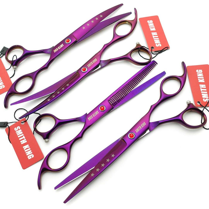 Професійний набір для стрижки шерсті собак, 17.8 см, прямі та вигнуті ножиці, 4-частинний набір для грумінгу (фіолетовий)