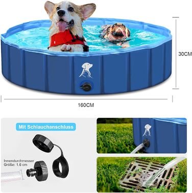 Dog Pool for Large & Small Dogs, Foldable Dog Splash Pool 160 * 30CM Dog Bathtub Stable Swimming Pool Pet Child Swimming Pool Non-Slip Portable Blue