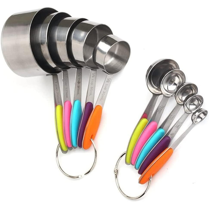 FBHappiness 10-Piece Stainless Steel Measuring Cups and Spoons Set, 5 Measuring Cups and 5 Measuring Spoons with Colored Silicone Handles (Color: A, Size A