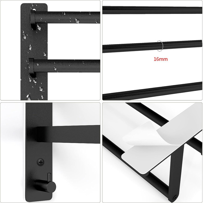 Тримач для рушників 80 см без свердління, чорний, з 3 стержнями, з нержавіючої сталі, з 2 гачками