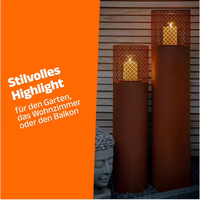 BENTSON Torch Lamp Posts Set of 2 | Decorative Post for the Garden in Rust Industrial Design | Torch for Outdoors and Indoors | Lantern Included with Candles | Oriental | 95cm + 75cm