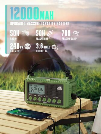 Радіо на батареї 12000mAh | Радіо з ручкою та сонячною панеллю | AM/FM/SW, SOS, USB-C | Водонепроникне IPX4, ліхтарик, для кемпінгу та відпочинку на природі