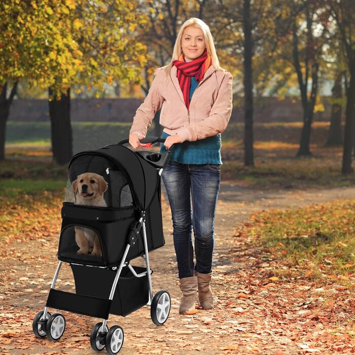 Візок для собак SOARS, до 15 кг, складаний, з сітчастими віконцями, тримачем для напоїв та кошиком для зберігання, для маленьких тварин (Чорний)