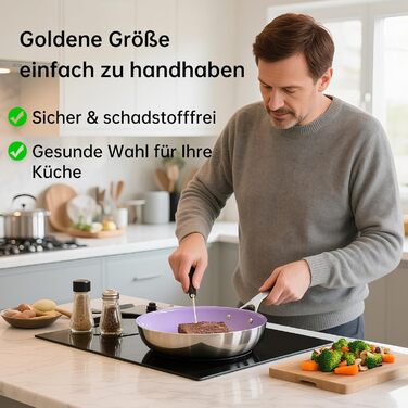 Набір сковорідок з антипригарним керамічним покриттям Tjean (без PTFE, PFOA, PFAS) з нержавіючою ручкою, підходить для індукційних, газових, електричних плит та духовки до 280°C (фіолетовий, 26 см)