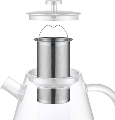 Teapot Glass 1.5 Liter - with infuser insert & lid - Infuser for hot drinks & Cold Brew Tea - Ideal for stovetops (stainless steel tea strainer)