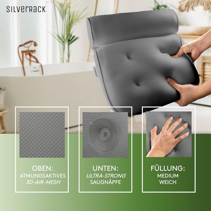 SilverRack Bathtub Pillow MEDIUM-SOFT [Gray 3D] - Neck Pillow for Bathtub with Suction Cups as Bathtub Accessory - Pillow for Bathtub - Bath Pillow with Ergonomic Fit